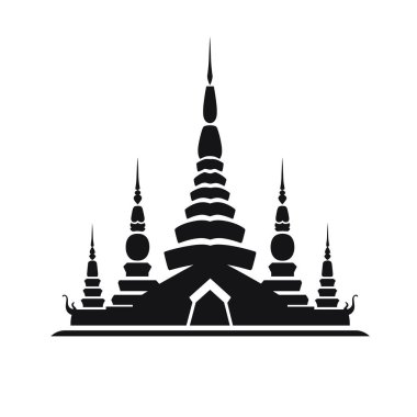 Siyah siluet, beyaz arka planda izole edilmiş kuleleri ve katmanlı çatıları olan geleneksel tapınak mimarisini gösteriyor..
