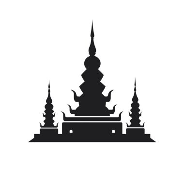 Siyah bir siluet, muhtemelen güneydoğu Asya 'dan gelen, uzun, katmanlı bir yapı ve daha küçük pagoda içeren karmaşık bir mimari tasarımı gösteriyor..