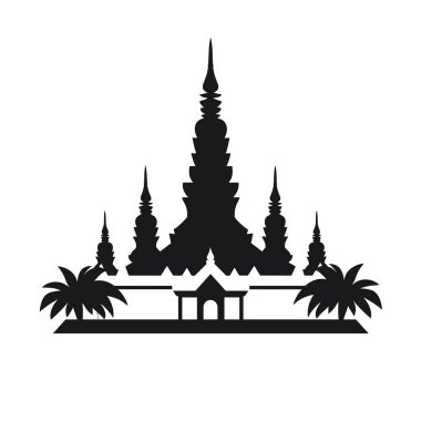 Pha 'nın silueti, Laos, Vientiane' deki bir Budist tapınağı olan Luang, her iki tarafında palmiye ağaçları ile betimlenmiştir..