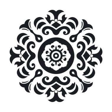 Siyah ve beyaz dairesel bir dizayn bir çiçek üzerine kuruludur. Dekoratif girdaplar ve taç yaprakları merkezi çiçeği çerçeveler..
