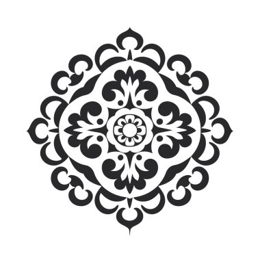 Özenle hazırlanmış çiçek yaprakları ve kıvrımları beyaz bir arka planda simetrik, madalyon şeklinde düzenlenmiştir..