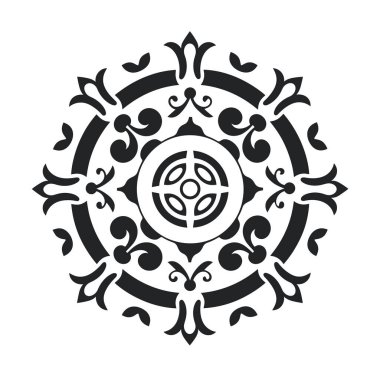 Siyah ve beyaz dairesel tasarım eşmerkezli dairelerin ve dairesel figürlerin merkezi amblemini çevreleyen biçimlendirilmiş çiçek elementlerine sahiptir..