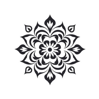 Simetrik bir çiçek şekli sivri uçlu ve iç kıvrımlı beyaz bir zemine yerleştirilir. Tasarım siyah ve detaylı..