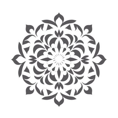 Gri bir çiçek deseni merkezden dekoratif ve simetrik bir tasarım ile yayılır. Eğri ve açısal elementler içerir.