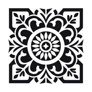 Bir kare tasarım, beyaz bir arkaplanda merkezi dairesel desen etrafında simetrik olarak sıralanmış siyah çiçekli ve geometrik elementleri gösterir.
