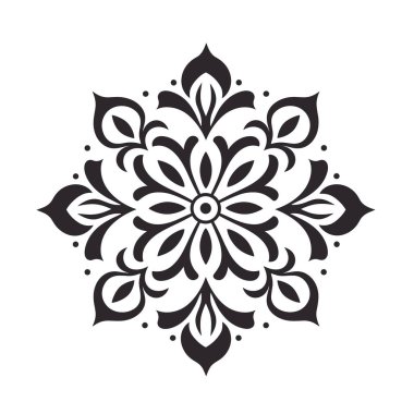 Yaprakları ve noktaları olan simetrik, geometrik bir çiçek tasarımı, basit bir siyah-beyaz renk şeması ile sunuluyor..