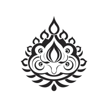 Tekrarlayan şekilleri, kıvrımları ve gözyaşı damlası elementlerini içeren simetrik bir tasarım, hepsi siyaha boyanmış beyaz bir arka planda..