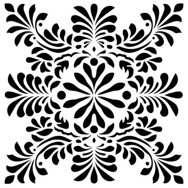 Siyah simetrik desenler, beyaz bir arka planda çiçek ve yaprak dizaynı olduğunu gösteriyor. Tarzı bir madalyonu andırıyor..