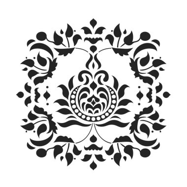 Süslü yaprakları ve kıvrımları olan biçimlendirilmiş bir çiçek motifi beyaz bir arkaplana karşı siyah, simetrik bir desende görüntülenir.