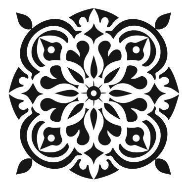Simetrik bir çiçek dizaynı, mandala şeklinde gösterilir. Tasarım, beyaz arkaplanda siyah elementleri tekrar eder.