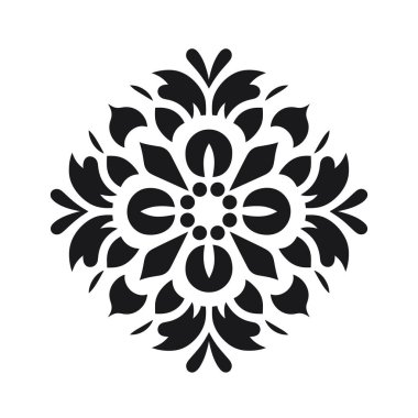 Simetrik bir tasarım, merkezdeki küçük dairelerin etrafında saf beyaz bir zemin üzerine dizilmiş siyah çiçek elementlerini içerir..