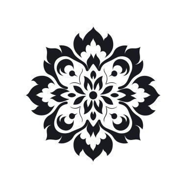 Siyah renkli kalın şekillerden oluşan simetrik bir çiçek deseni, dekorasyon veya tasarım için katıksız beyaz bir arkaplan ile gösterilir..