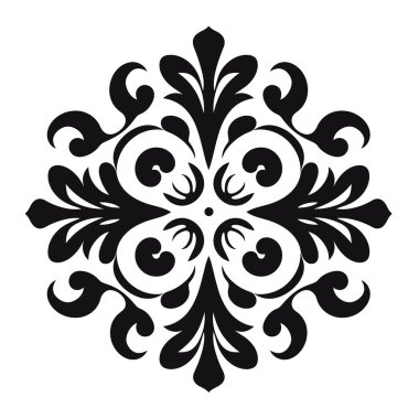Dönen şekillerin siyah simetrik deseni beyaz bir arkaplan üzerinde gösterilir. Çiçeklerden esinlenilmiş bir tasarım gibi görünüyor..