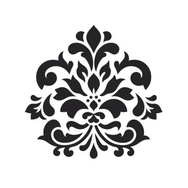 Süslü, simetrik siyah bir Damask deseni düz beyaz bir arkaplanda göze çarpıyor. Çiçeksel elementleri ve stilize şekilleri var..