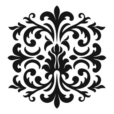 Simetrik bir çiçek deseni görülebilir. Süslü desen beyaz arka plana karşı siyah. Sanat eserlerinin klasik ve zarif bir tarzı var..