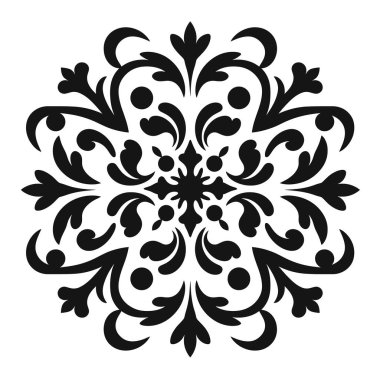 Simetrik bir tasarım, beyaz arka planda kavisli yapraklar ve yapraklarla siyah bir çiçek süsü gösteriyor..