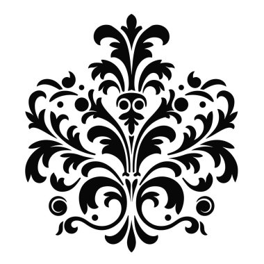 Beyaz arka planda simetrik, soyut, akıcı, siyah bir çiçek tasarımı. Eğriler, girdaplar, noktalar ve yapraklar dengeli bir bileşim içerir..