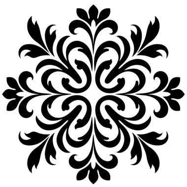 Grafik tasviri simetrik bir çiçek süsü gösteriyor. Süs deseninde kıvrımlı yapraklar ve dönen elementler var..