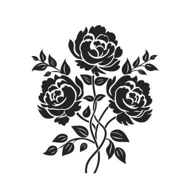 Üç güllü güzel bir çiçek aranjmanı. Güller yapraklar ve saplarla dolu. Tasarım siyah bir siluette..