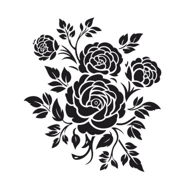 Güller ve yapraklarla basit ama zarif bir çiçek aranjmanı, siyah siluette, temiz beyaz arka planda gösterilir..