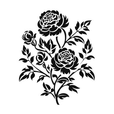 Grafik tasarımında bir buket siyah gül ve koyu beyaz arka planda yapraklar bulunur. Tasarım basit ve zarif..