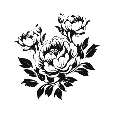 Bu üç şakayık çiçeğinin ve yaprakların botanik çizimi. Tasarımın yüksek kontrastlı siyah-beyaz estetiği var..