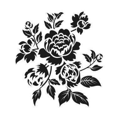 Bir vektör grafiği, yaprakları, dalları ve tomurcukları olan bir buket şakayık çiçeğini gösteriyor. Tasarım beyaz arka planda siyah.