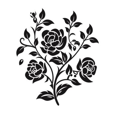 Ayrıntılı bir çizimde yaprakları ve sapları olan birkaç gül görülüyor. Tasarım beyaz arka planda siyahtır, şablon gibi görünür..