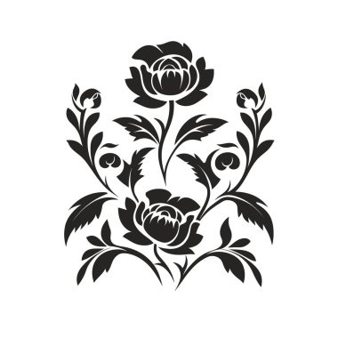 Beyaz arka planda siyah bir çiçek deseninde iki stilize gül gösterilir. Yapraklar ve tomurcuklar güllerden uzanıyor.
