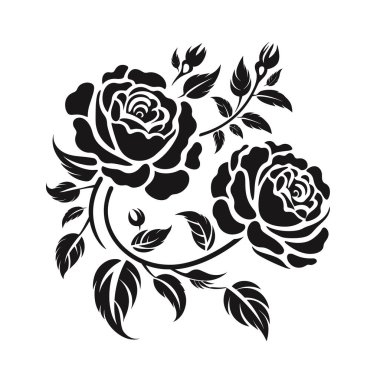 Çiçek açan iki gül ve bir sürü yaprak zarif bir çiçek aranjmanı oluşturur. Tasarım siyah, temiz beyaz arkaplan üzerine kurulmuş..