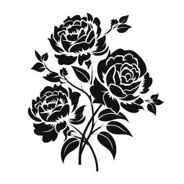 Üç zarif gül ve yapraklar bir bukette sıralanır. Çiçekler beyaz arkaplanda siyah bir siluet..
