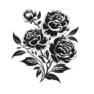 Siyah ve beyaz çizimler çiçek aranjmanlarını gösteriyor. Bukette yapraklı ve saplı birkaç şakayık var..