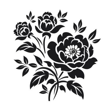 Birçok taç yaprağı olan üç siyah çiçek, beyaz arka planda gövde ve yapraklarla birlikte gösterilir. Çiçek aranjmanı çok zarif..