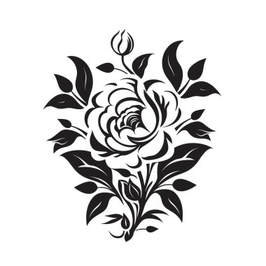 Şekillendirilmiş bir vektör illüstrasyonunda, siyah ve beyaz renk paletinde eşlik eden yapraklar ve çiçek tomurcukları ile çiçek açan bir gül gösterilir.