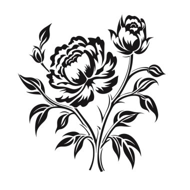 İki gül açık çiçek ve gül tomurcukları ile sergilenir ince sapları üzerinde yapraklar ile çevrili; bu bir monokrom tasarımı.