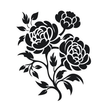 Yapraklı üç gül çiçek aranjmanında şekillendirilir. Görüntü siyah, arka plan tamamen beyaz..