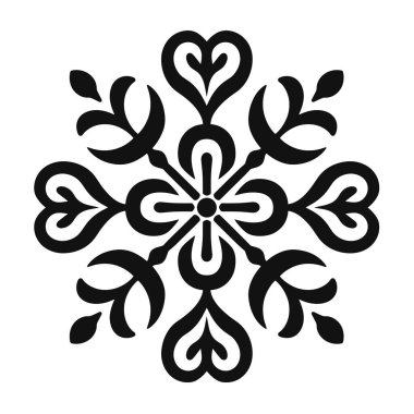 Siyah süslemeli kar tanesi tasarımı beyaz bir zemin üzerine kuruludur. Kar taneleri simetriktir, kalp şeklinde detaylarıyla..
