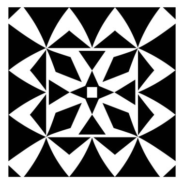Siyah ve beyaz geometrik desen. Tasarım üçgenler, elmaslar ve karelerden oluşuyor ve ilginç bir simetrik soyut bileşim oluşturuyor..