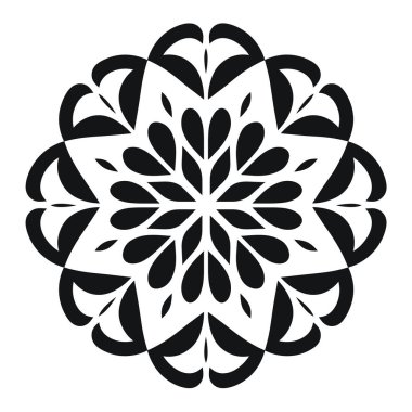 Alternatif çiçek ve geometrik desenler içeren simetrik, dairesel bir tasarım. Sanat eserleri beyaz arka planda siyahtır..