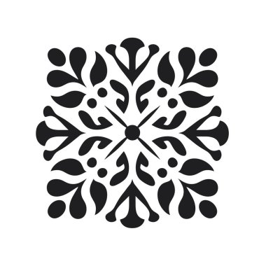 Siyah çiçekli şekiller, merkezi nokta ve simetrik denge ile tekrarlanan kare bir tasarım oluşturur. Tasarımda botanik ve süs malzemeleri var..
