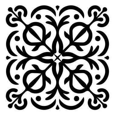 Siyah beyaz simetrik, süslü bir çiçek deseni. Eğri şekiller, yaprak benzeri elementler ve kare biçiminde düzenlenmiş dairesel noktalar içerir..
