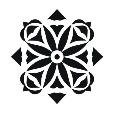 Detaylı bir geometrik tasarım, beyaz arkaplanda siyah renkli çiçek benzeri şekilleri tekrarlar. Tasarım simetri ve karmaşık detaylara sahiptir..