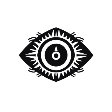 Tarzlı bir göz, bir iç çemberle gösterilir. Bir iğne çemberin içinde yukarıyı gösteriyor. Siyah-beyaz, modern, soyut bir estetik..