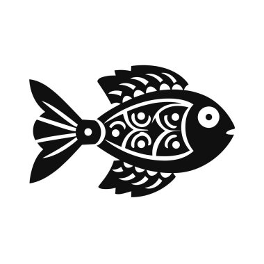 Bir stilize balık siyah ve beyaz olarak tasvir edilir. Balığın vücudunda, yüzgeçlerinde ve kuyruğunda süslü detaylar var..