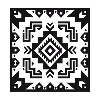 Kare grafik tasarımı siyah ve beyazı zıtlaştırarak bir Aztek ya da Amerikan Yerlisi esinlenilmiş tekstil sanatı yaratmada yinelenen geometrik bir örüntü gösteriyor..