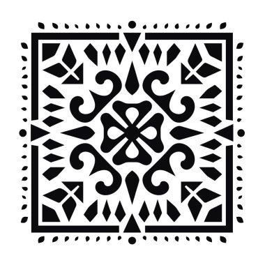 Simetrik bir tasarım siyah ve beyaz olarak gösterilir. Tasarım kareler, elmaslar ve çiçek kıvrımlı yaprak şekilleri içeriyor. Dekoratif hale getiriyor..