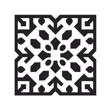 Siyah ve beyaz simetrik kare tasarımı, merkezde bir çiçek motifini çevreleyen oklar, kareler ve ovalar gibi geometrik şekiller içerir..