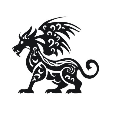 Dekoratif girdap desenli siyah ejderha figürü beyaz arka planda sunuluyor. Yaratığın kanatları, pençeleri ve kuyruğu var..