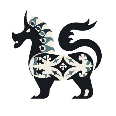 Beyaz arka planda duran siyah mitolojik bir at benzeri yaratık. Vücutta beyaz, gri ve siyah tonlarında mozaik desenler vardır..