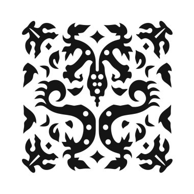 Çiçekli, ejderha gibi kıvrımlı ve noktalı simetrik siyah beyaz kare desen.